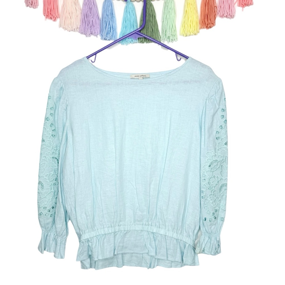 Anne Carson Chic Light Blue Linen Blouse with Ruffled Embroidered Sleeves Medium
